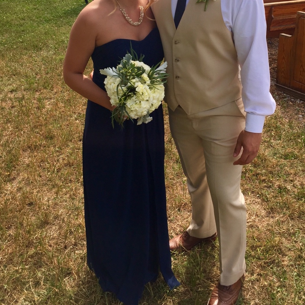 Bill Levkoff Navy Blue Strapless Ruched Chiffon Formal Bridesmaid Dress Size 8